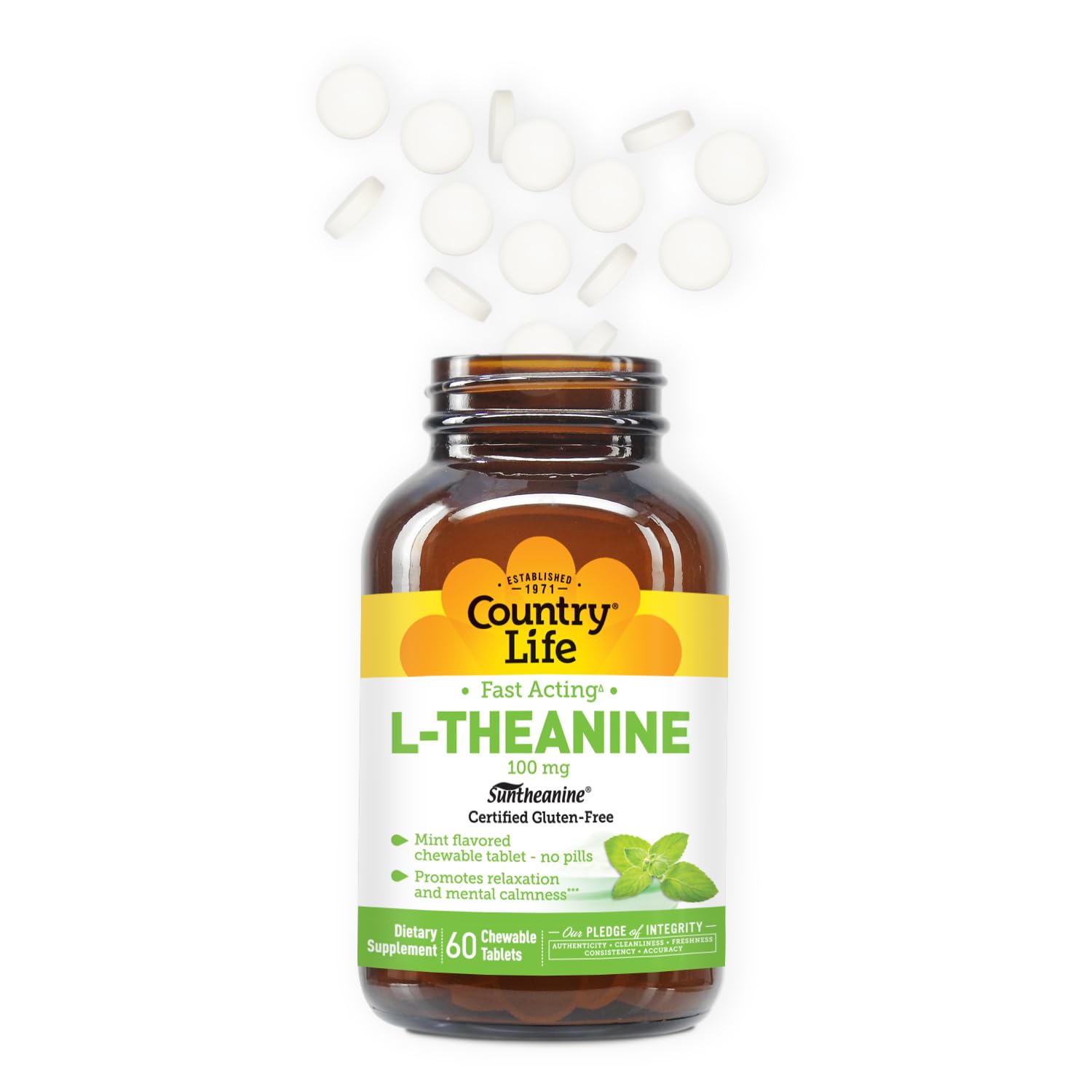 Country Life Chewable L-Theanine 200mg mint flavour tablet with ingredients