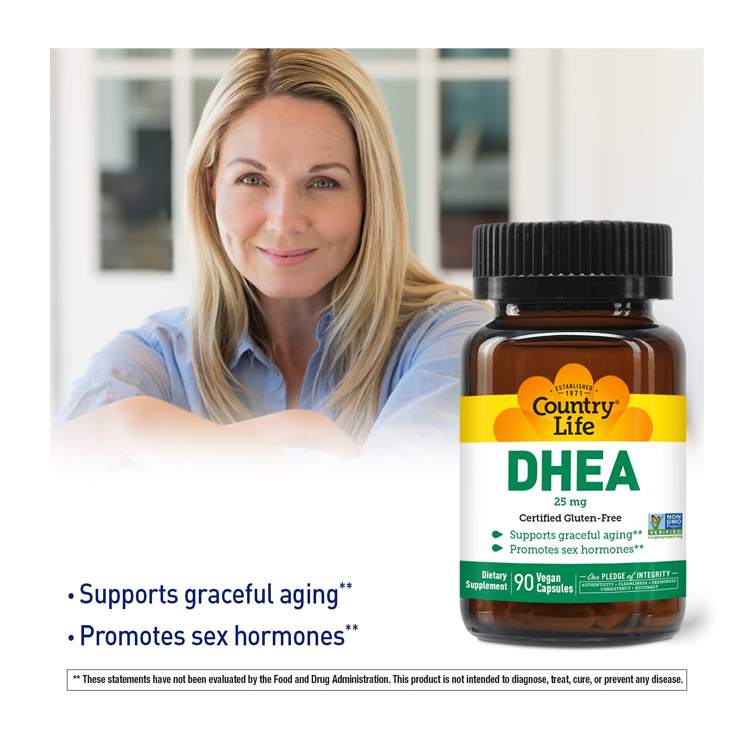 Country Life DHEA Supplement on a wooden table