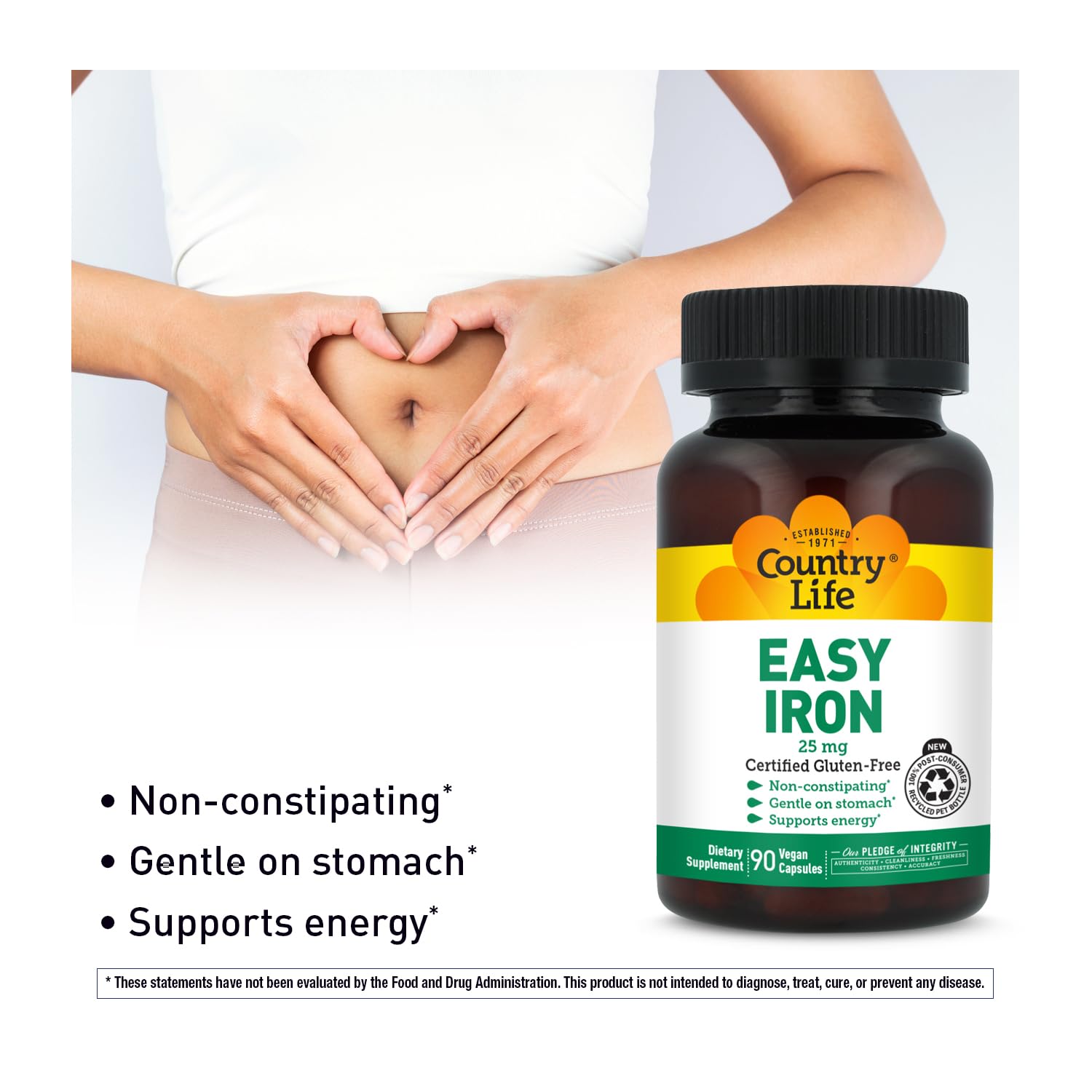 Country Life Easy Iron 25 mg Capsules on a wooden surface
