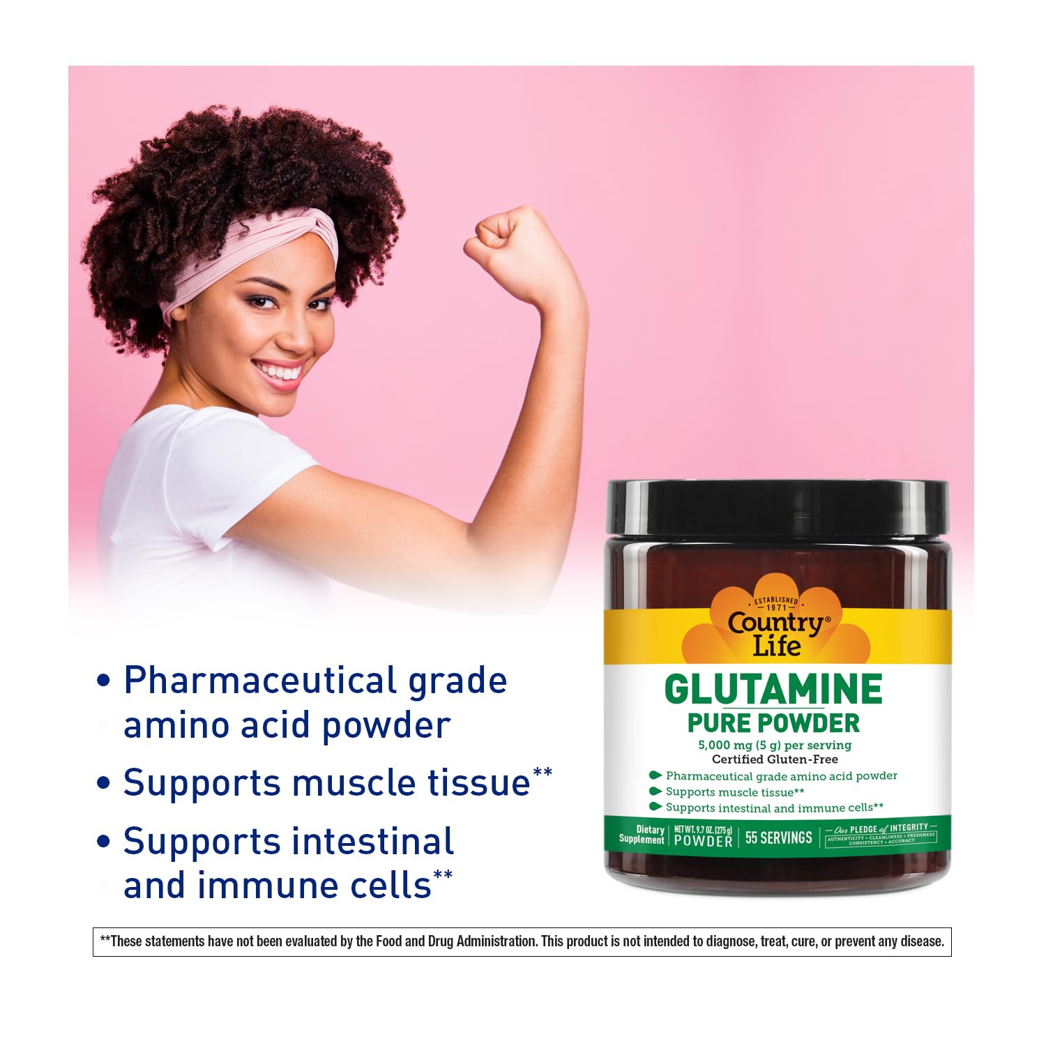Country Life L-Glutamine Pure Powder packaging side view