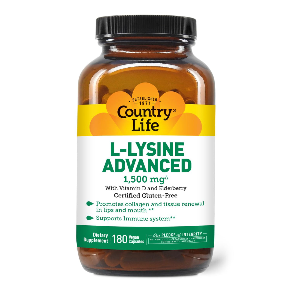 Country Life L-Lysine Advanced 1500mg 90 capsules front view