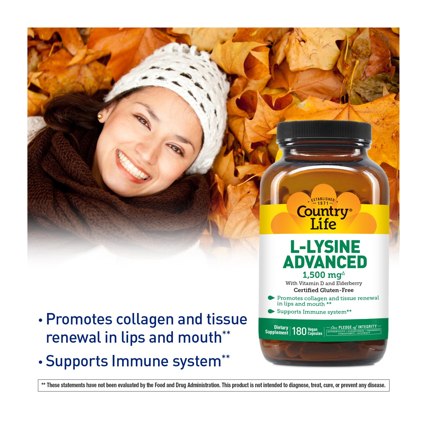 Country Life L-Lysine Advanced 1500mg bottle with a measuring spoon