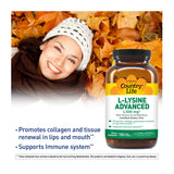 Country Life L-Lysine Advanced 1500mg bottle with a measuring spoon