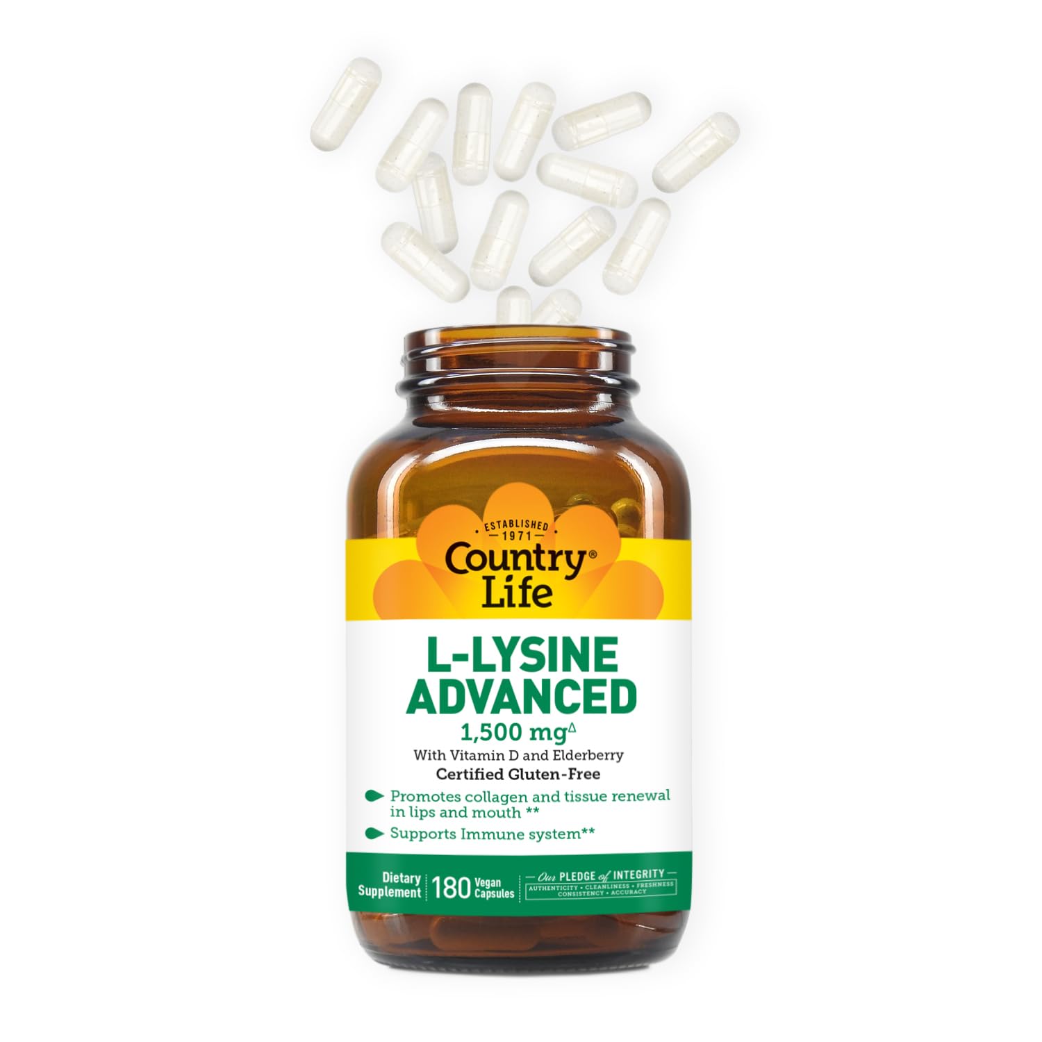 Country Life L-Lysine Advanced 1500mg side view showing capsule details