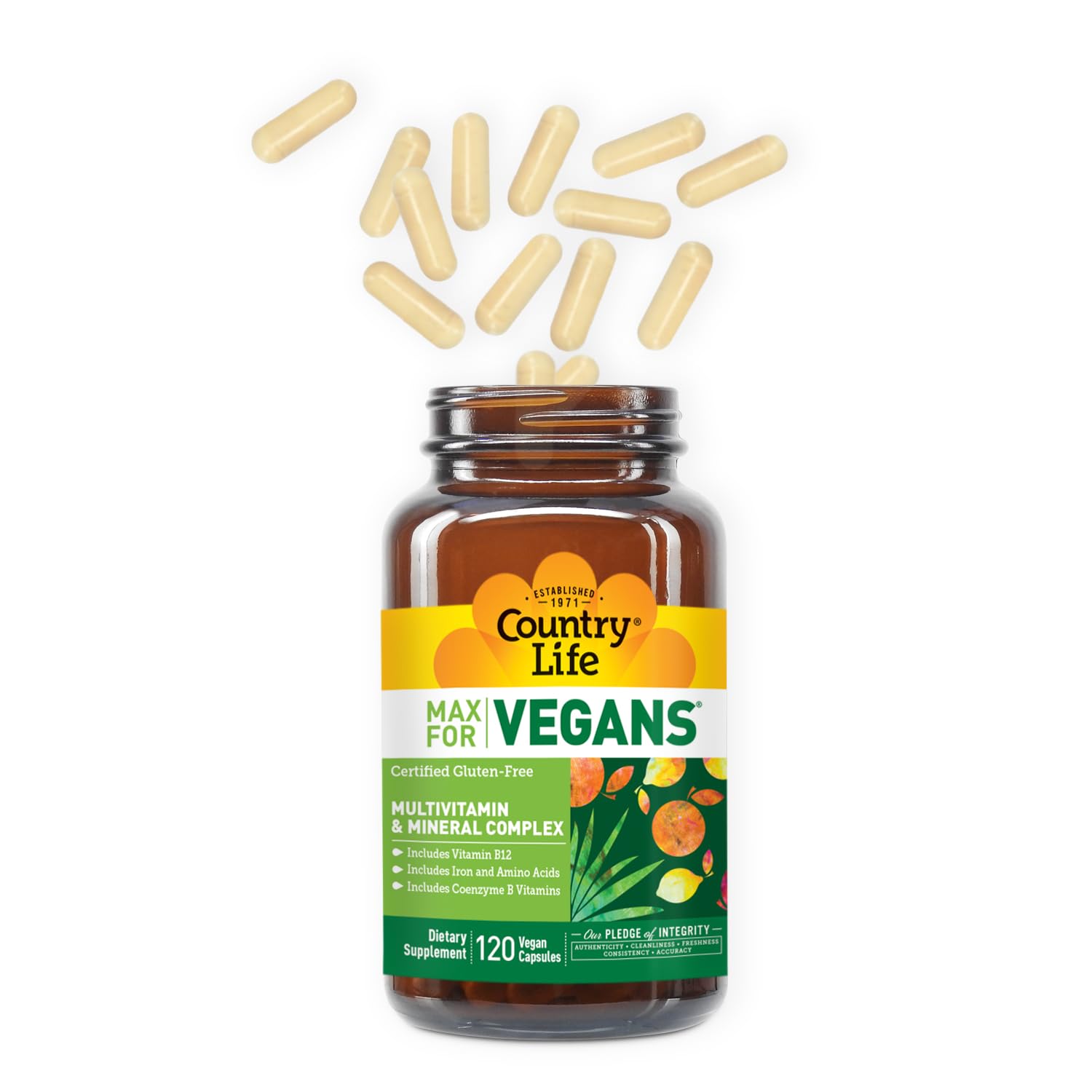 Country Life Max for Vegans capsules on a wooden table