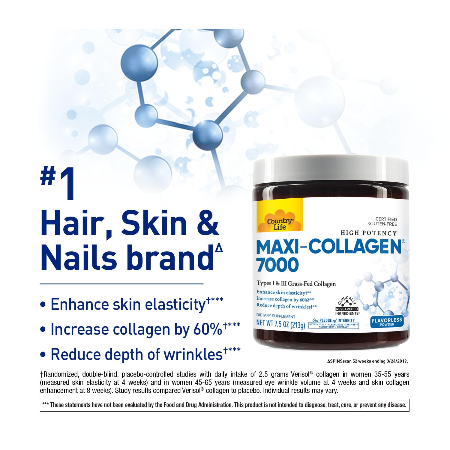 Country Life Maxi-Collagen 7000 Powder side view with dosage information