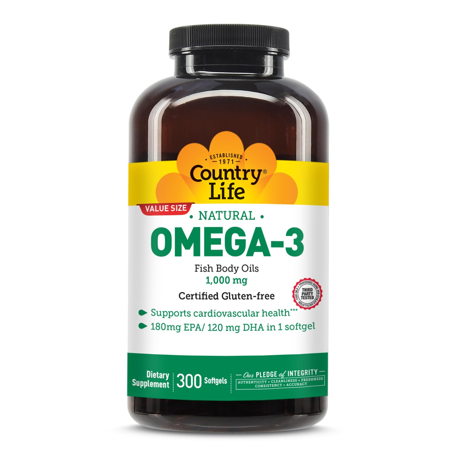 Country Life Omega-3 Fish Oil Softgels front view with packaging