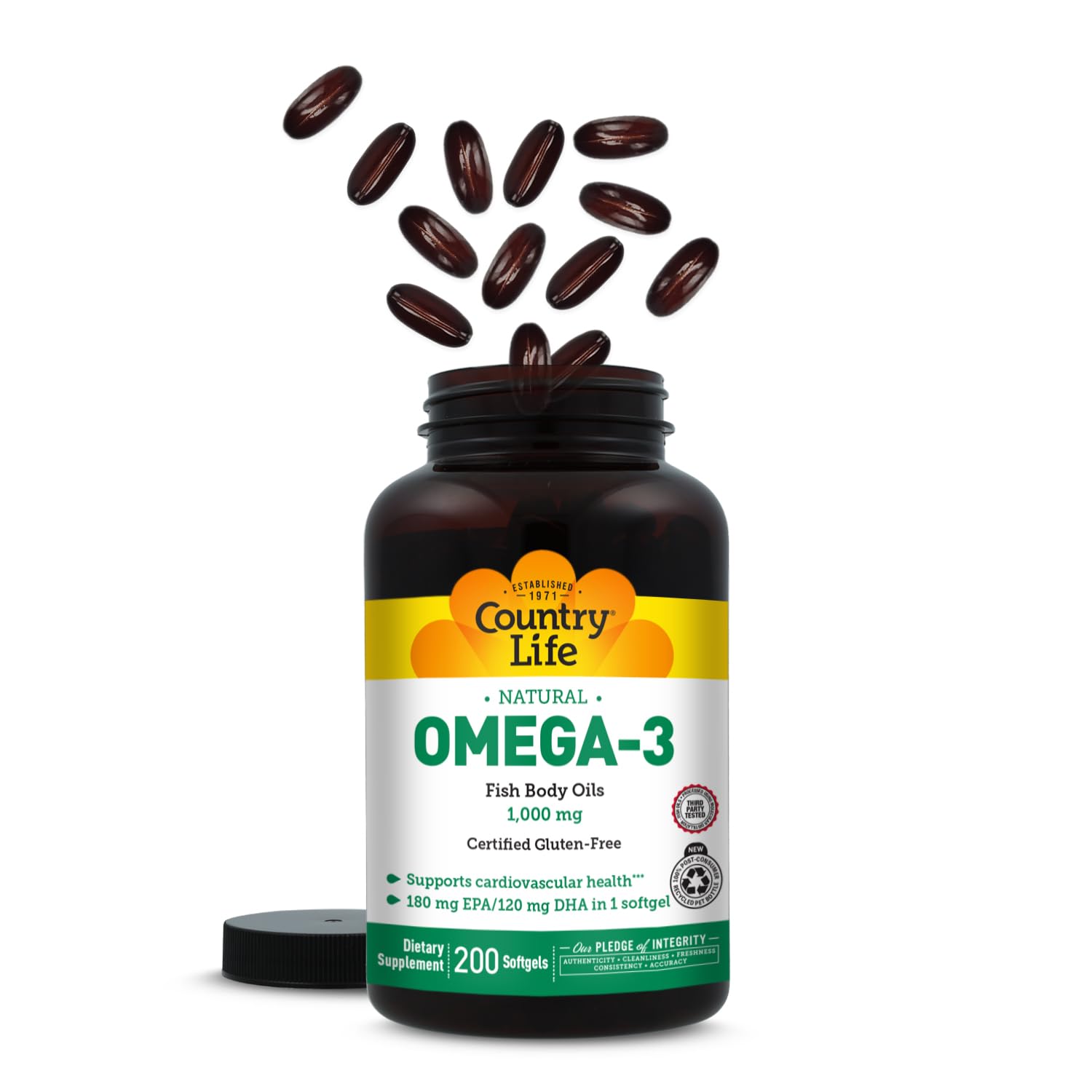 Country Life Omega-3 Fish Oil Softgels in a health supplement setting