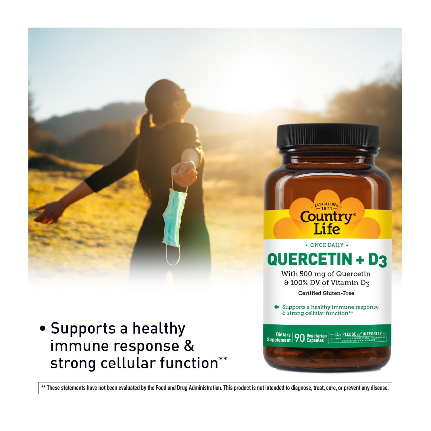 Country Life Quercetin with Vitamin D3 capsule bottle side view