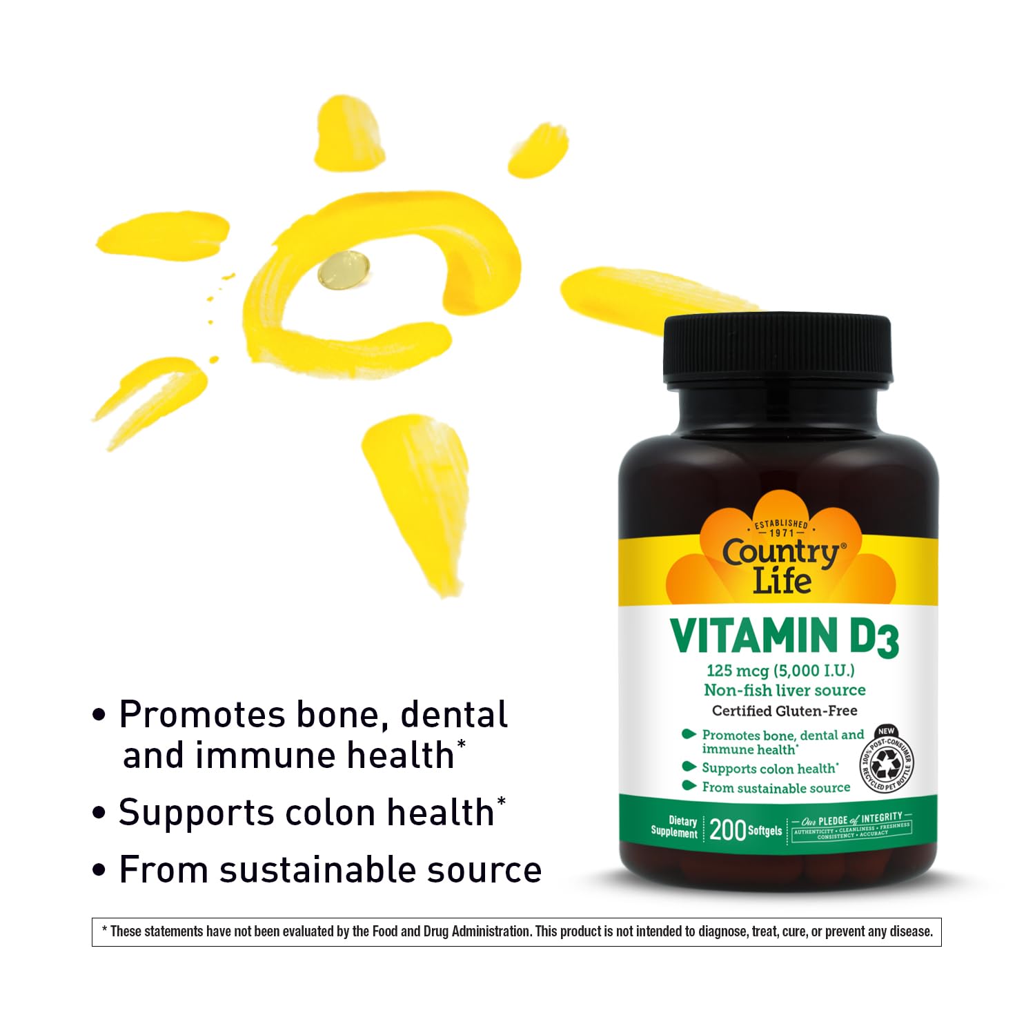 Country Life Vitamin D3 5000 IU capsules on a wooden table