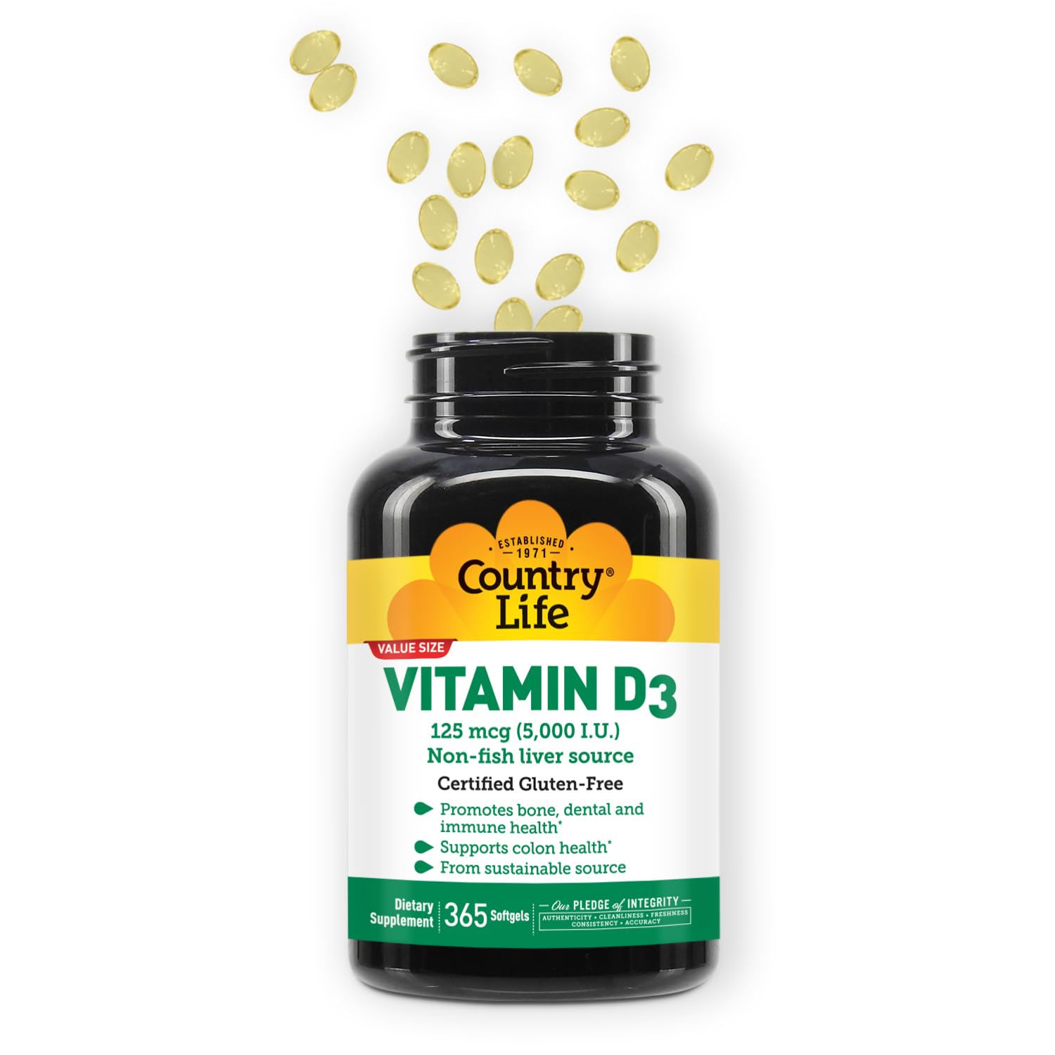 Country Life Vitamin D3 5000 IU Softgels on a wooden table