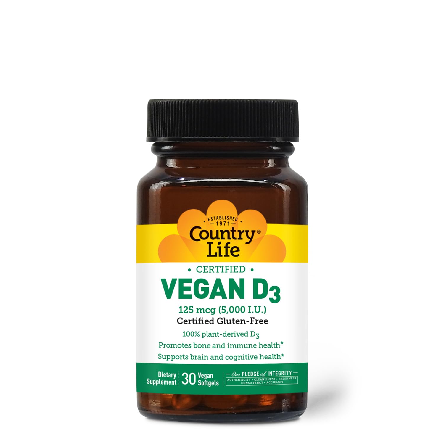 Country Life Vitamin D3 Softgels displayed on a wooden table