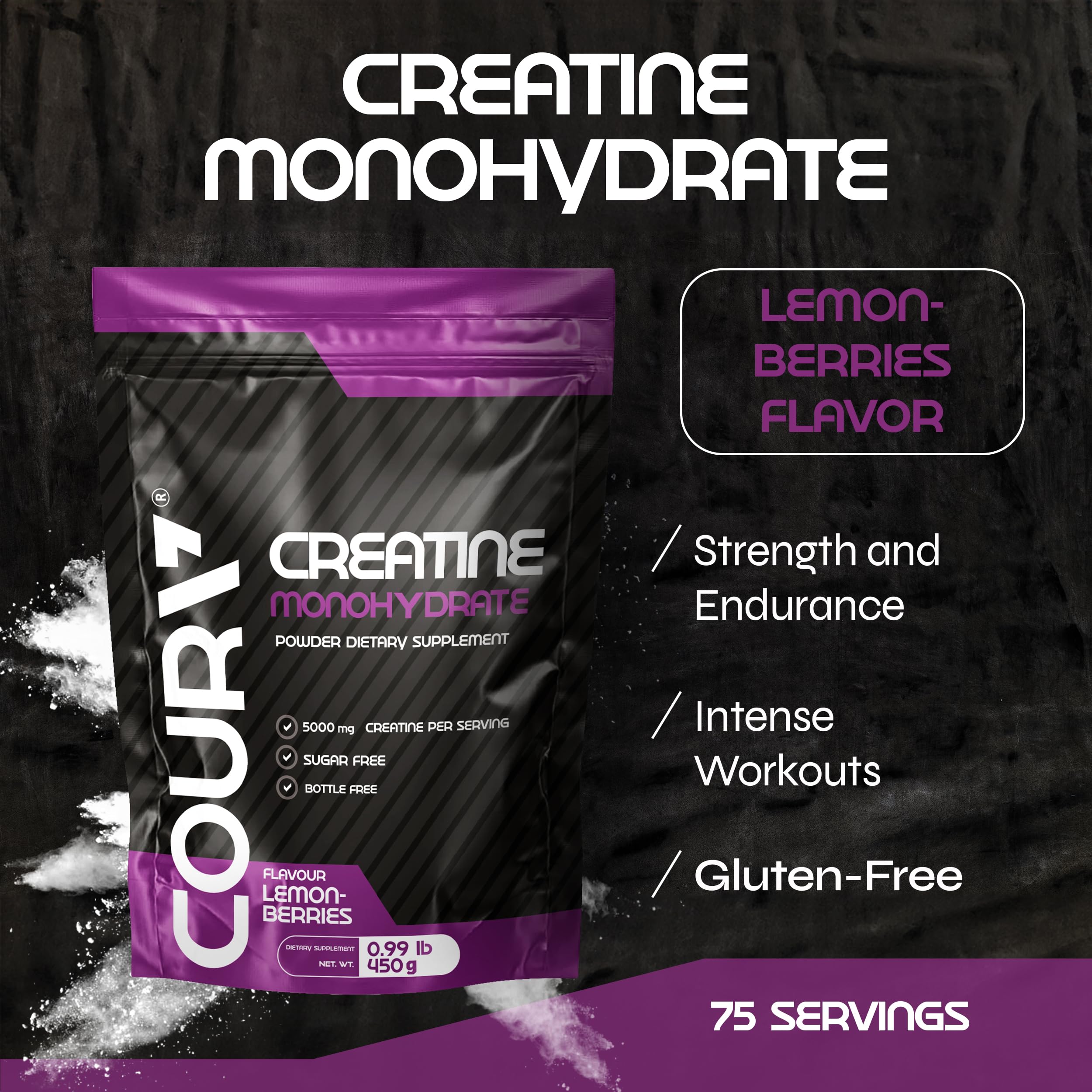 COURA Creatine Monohydrate 450g back view with nutritional information
