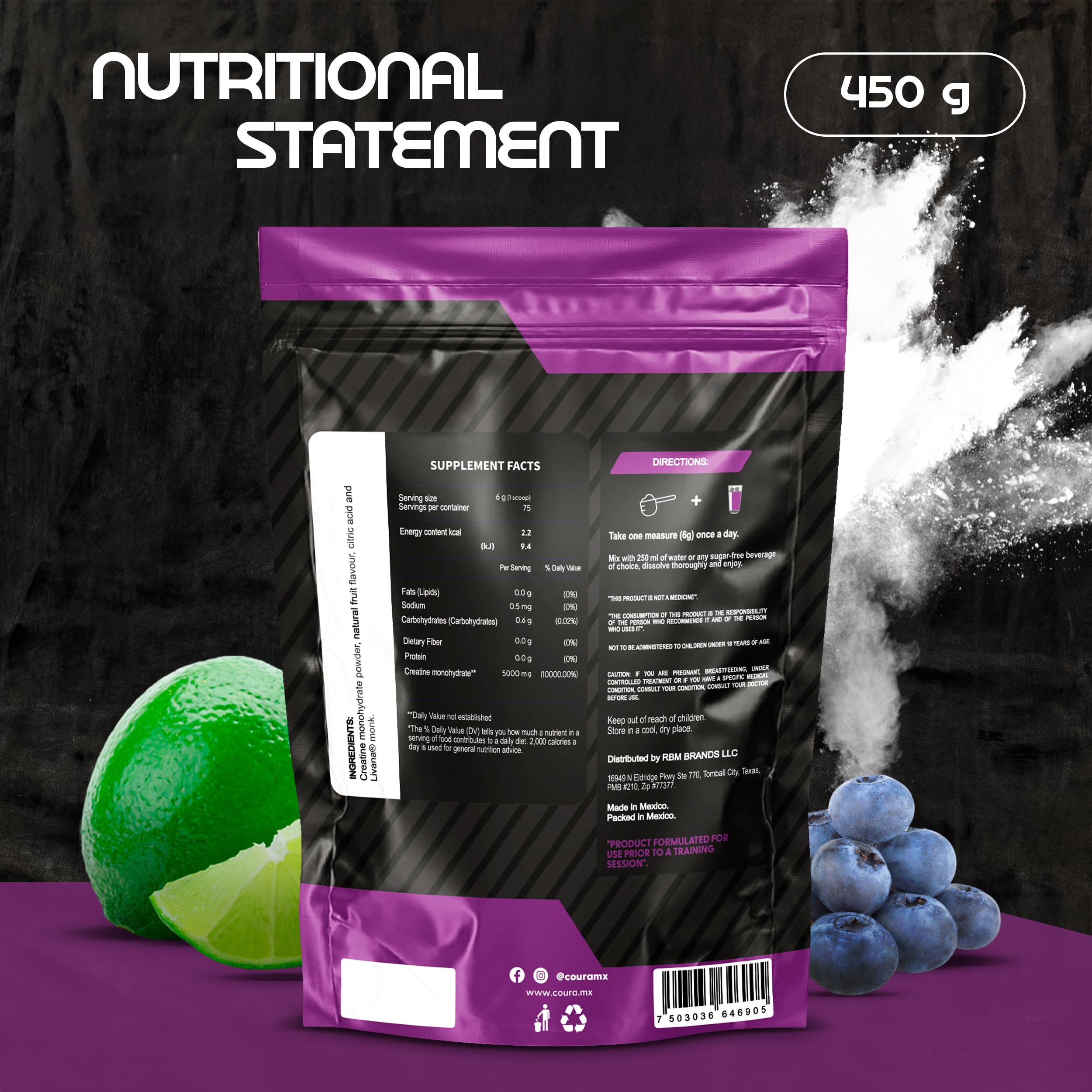 COURA Creatine Monohydrate 450g container on a gym bench