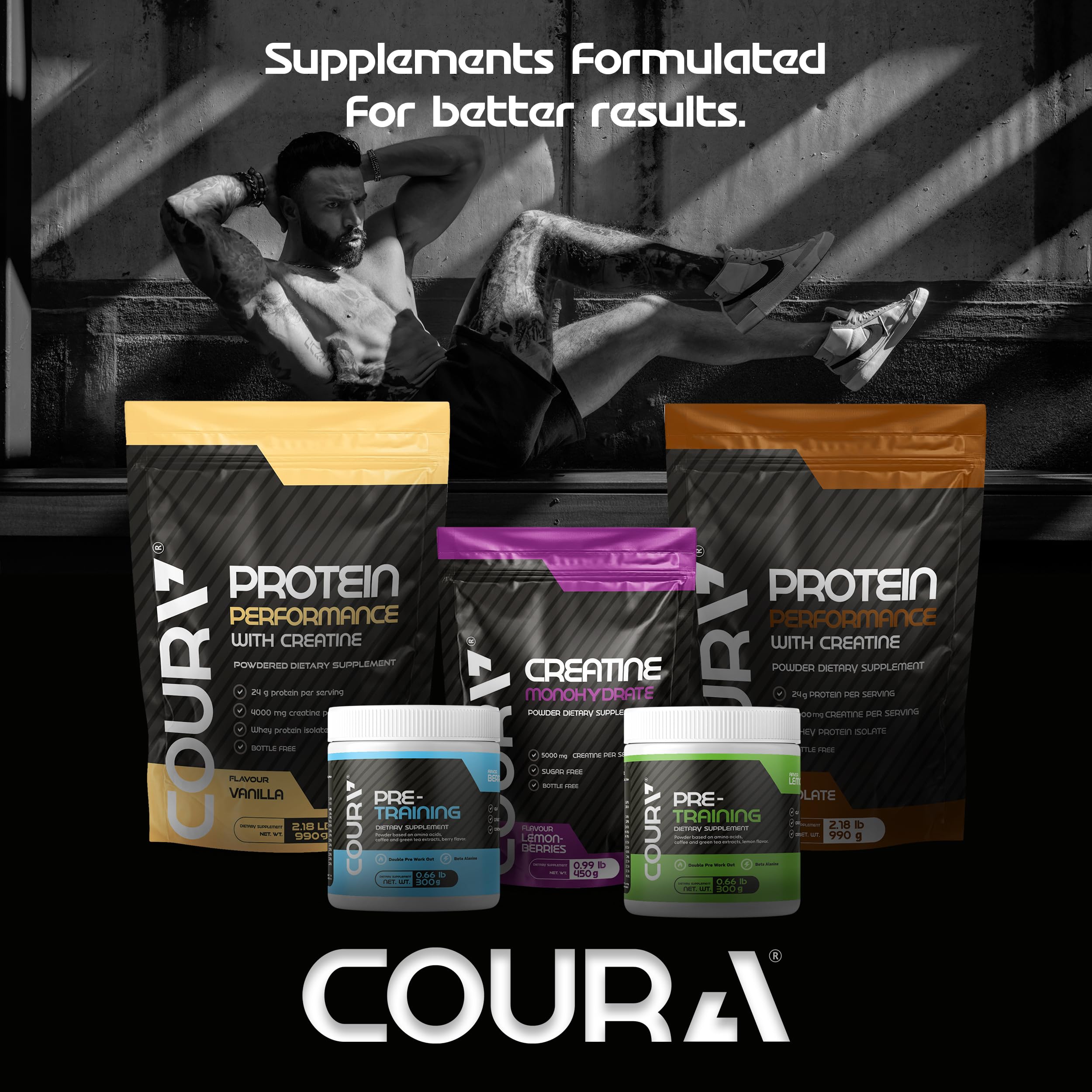 COURA Creatine Monohydrate 450g container with workout gear