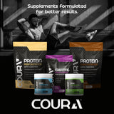 COURA Creatine Monohydrate 450g container with workout gear