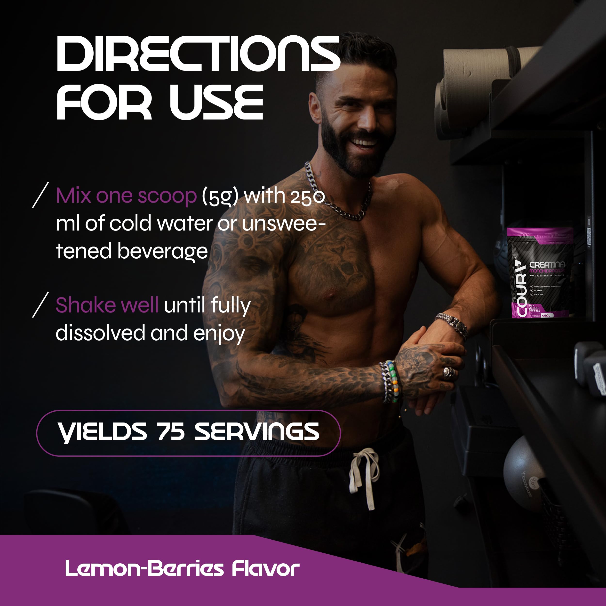 COURA Creatine Monohydrate 450g with a glass of mixed drink
