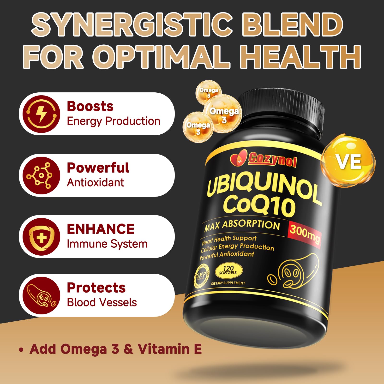 Cozynol CoQ10 Ubiquinol 300mg softgels on a wooden table