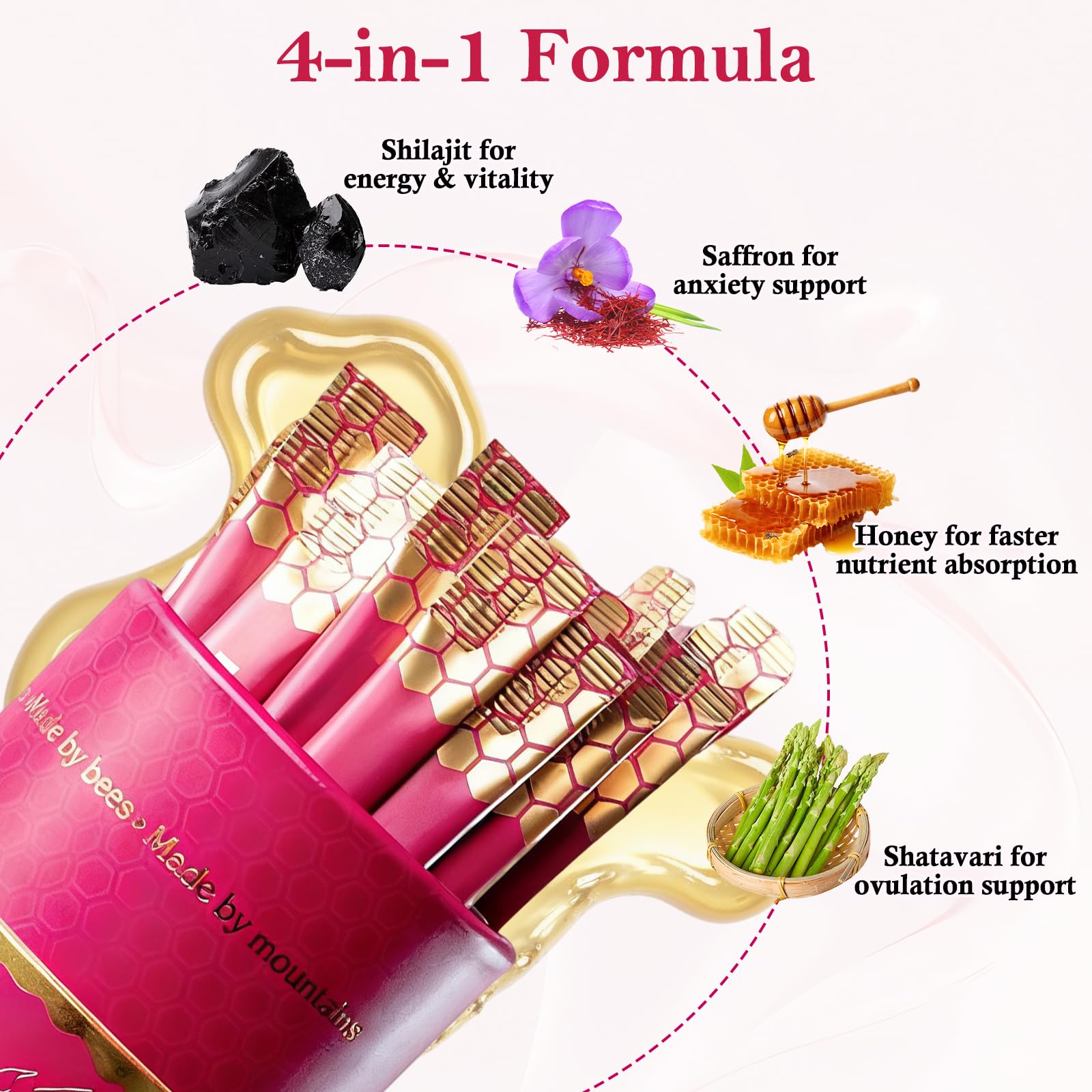 Craftmetal Shilajit Honey Sticks displayed with ingredients