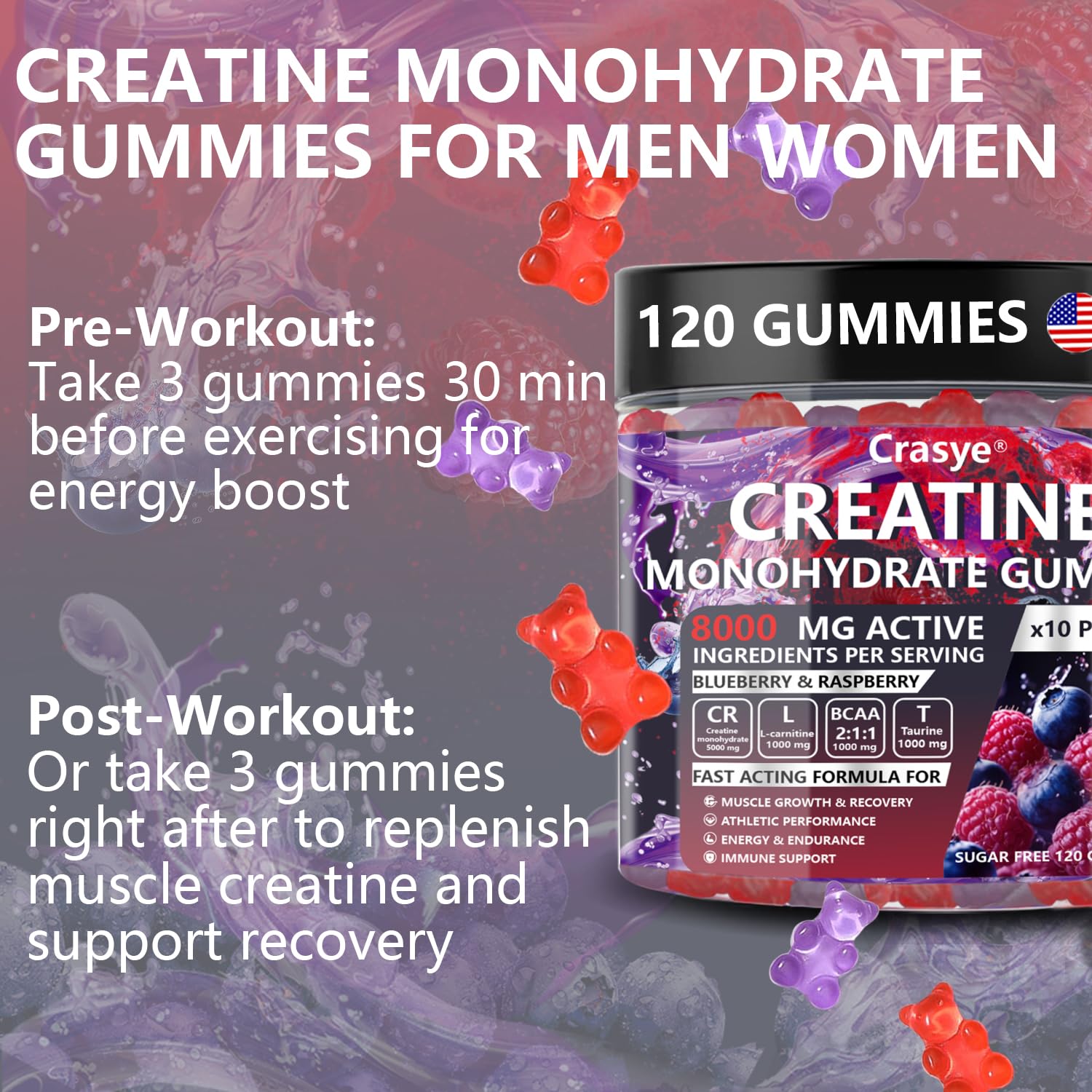 Crasye Creatine Gummies packaging details on a table