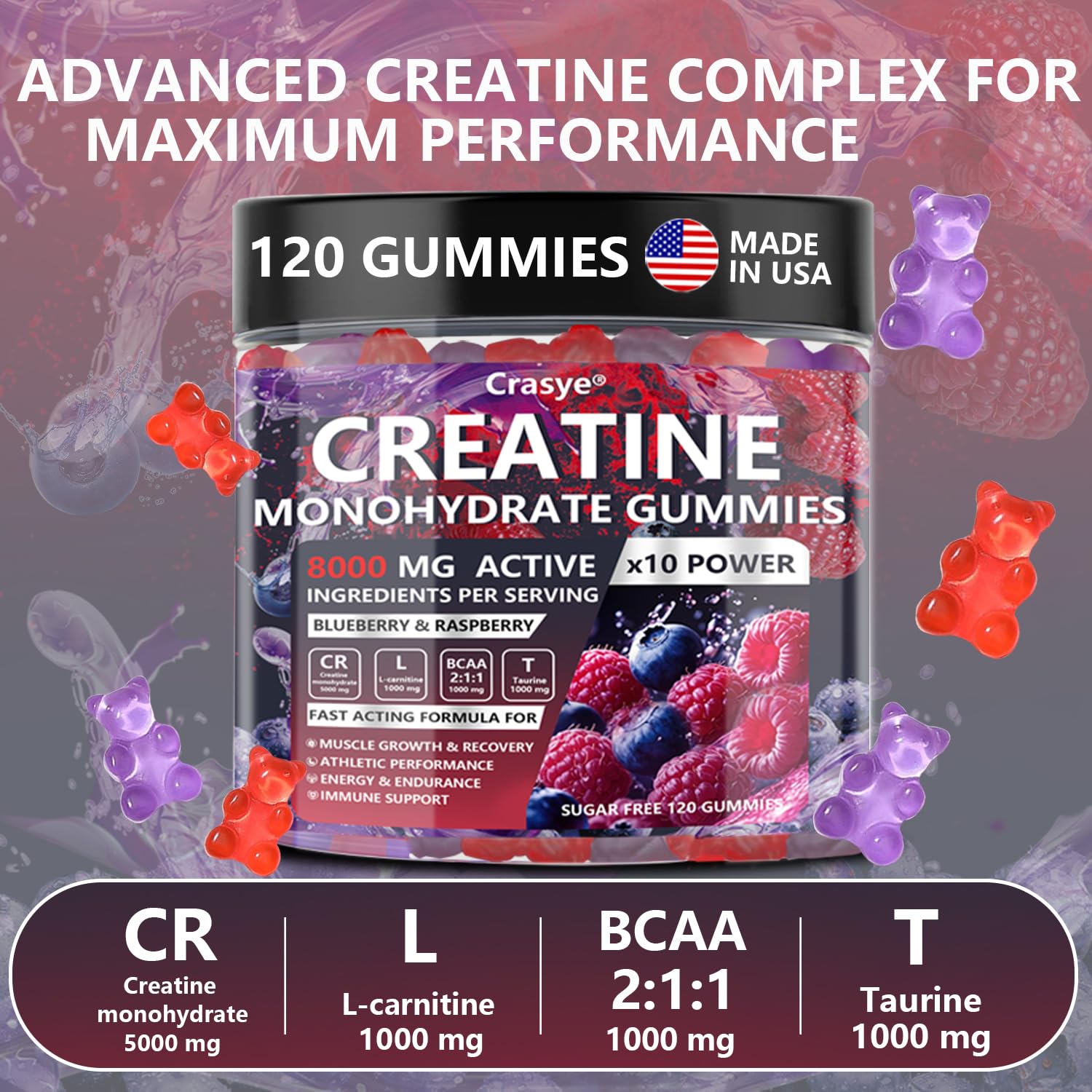 Crasye Creatine Gummies showing serving size of three gummies