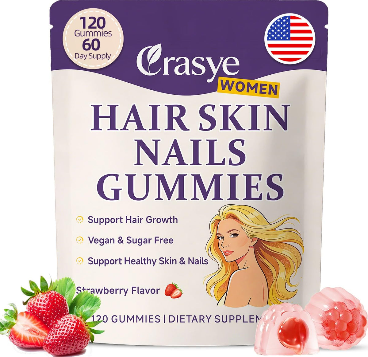 Crasye Hair Skin Nails Gummies front view packaging with strawberry flavour