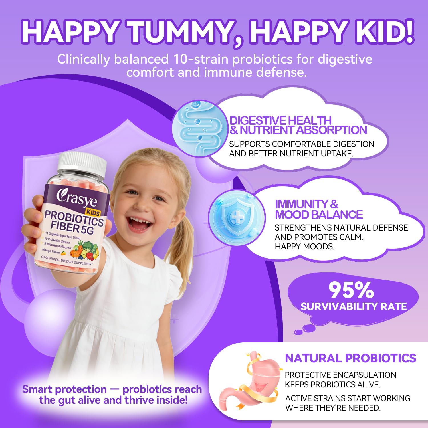 Crasye Kids Probiotics Gummies with ingredients list