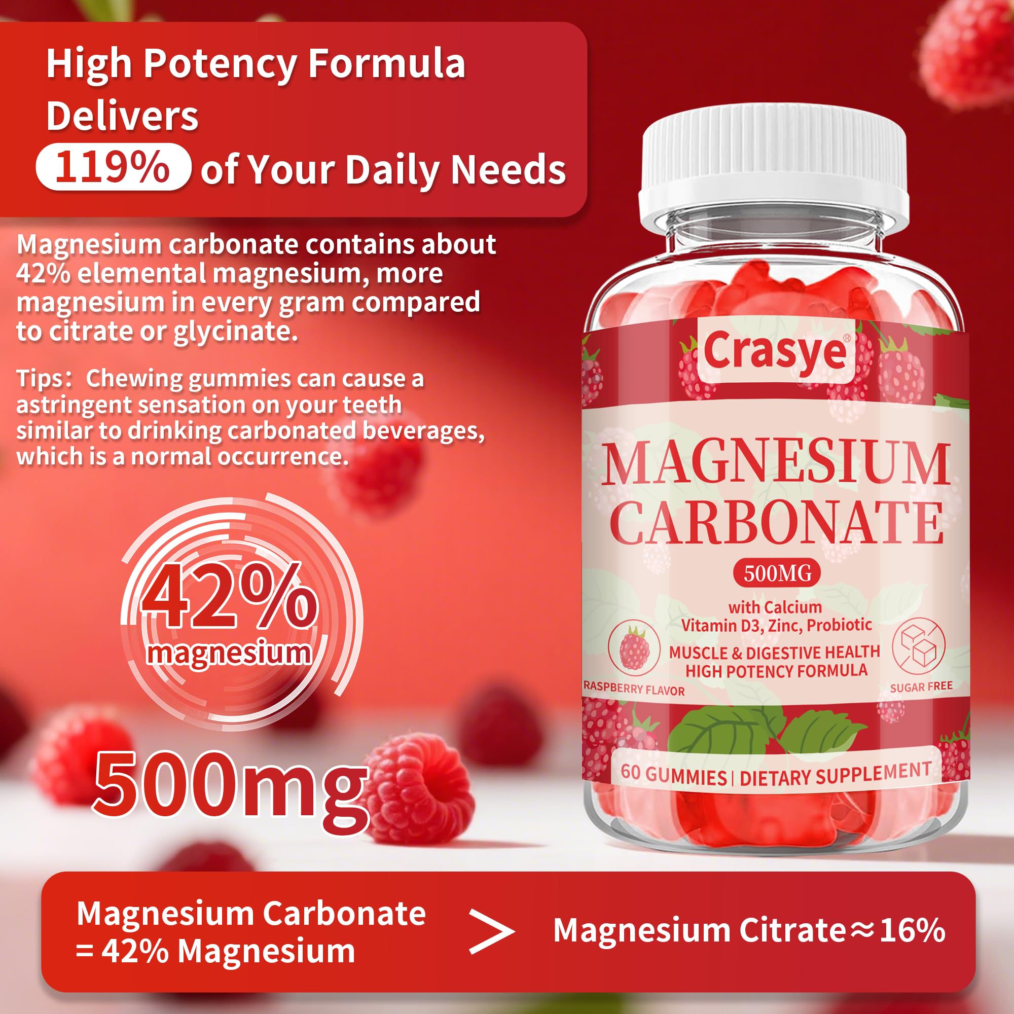 Crasye Magnesium Carbonate Gummies on a wooden table