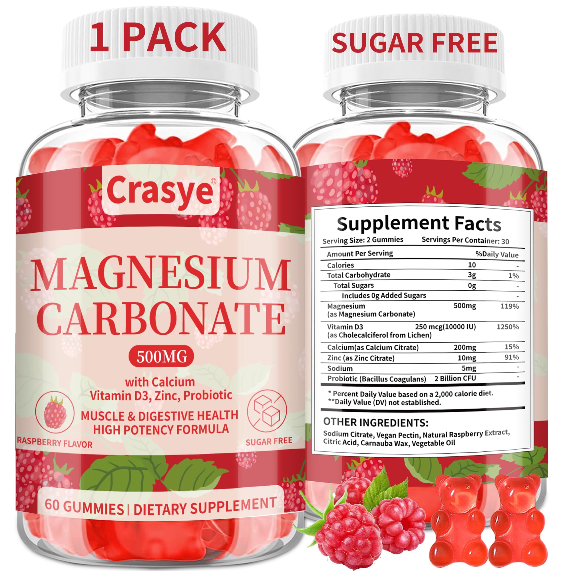 Crasye Magnesium Carbonate Gummies raspberry flavour front view