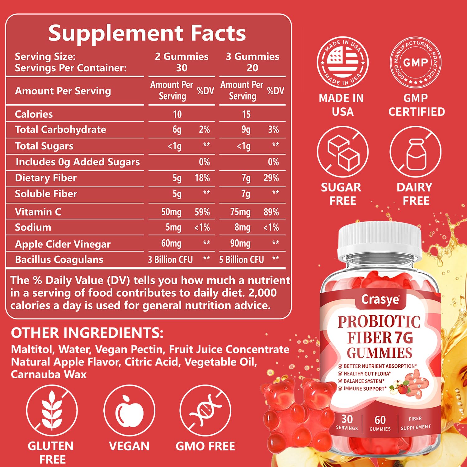 Crasye Prebiotic Fiber Gummies side view showing serving size