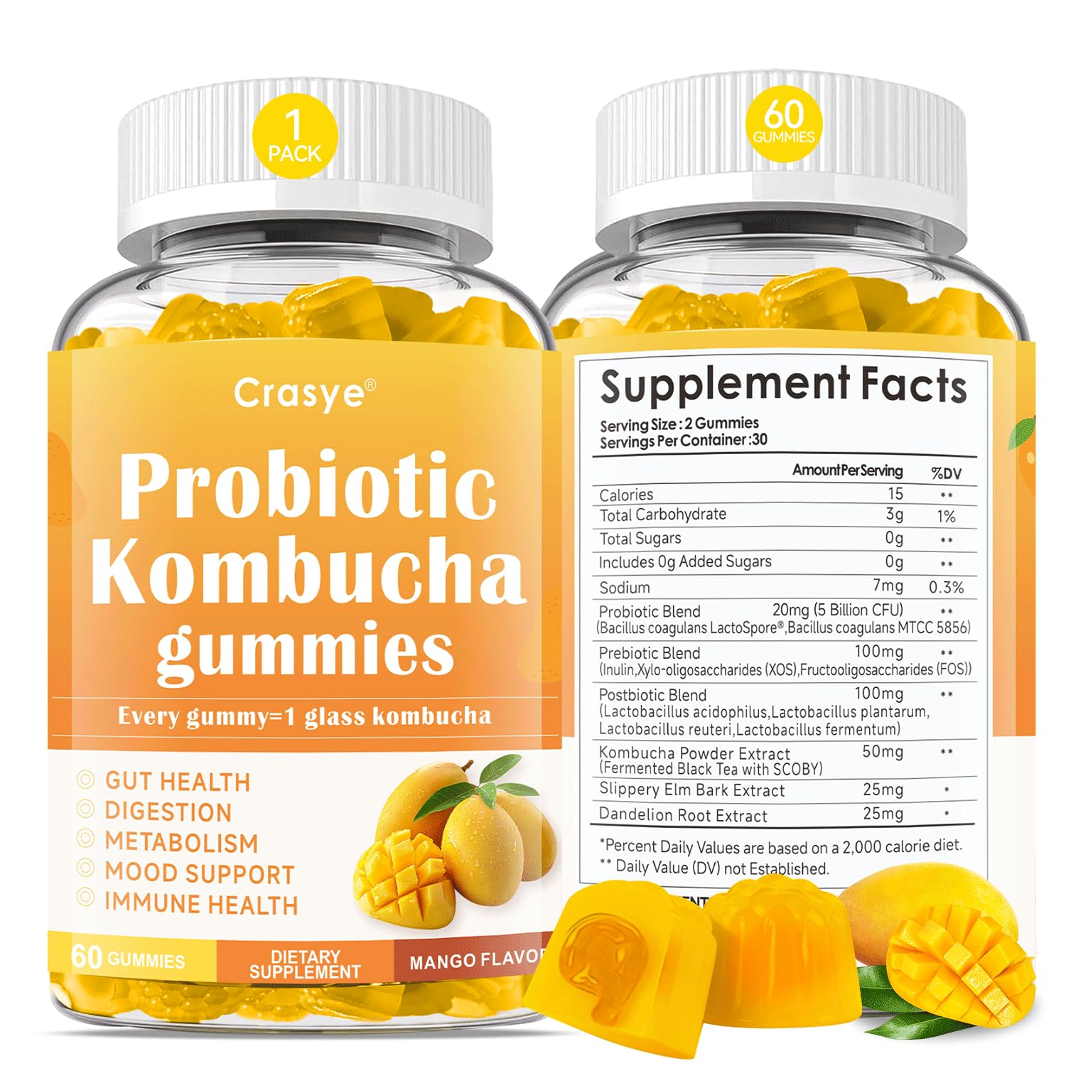 Crasye Probiotic Kombucha Gummies 60 count front view