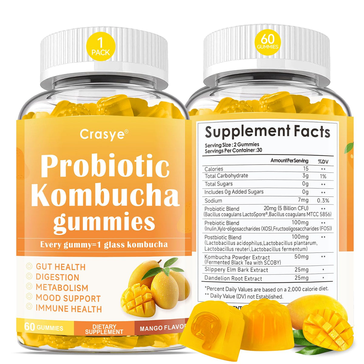 Crasye Probiotic Kombucha Gummies 60 count front view