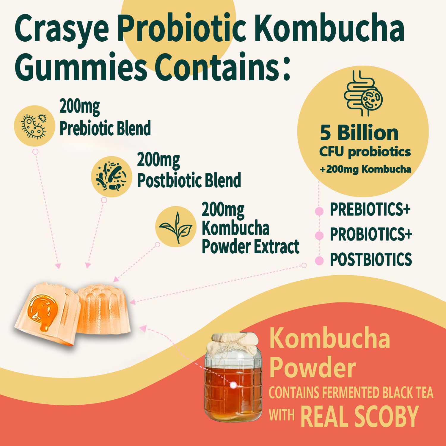 Crasye Probiotic Kombucha Gummies close-up of a single gummy