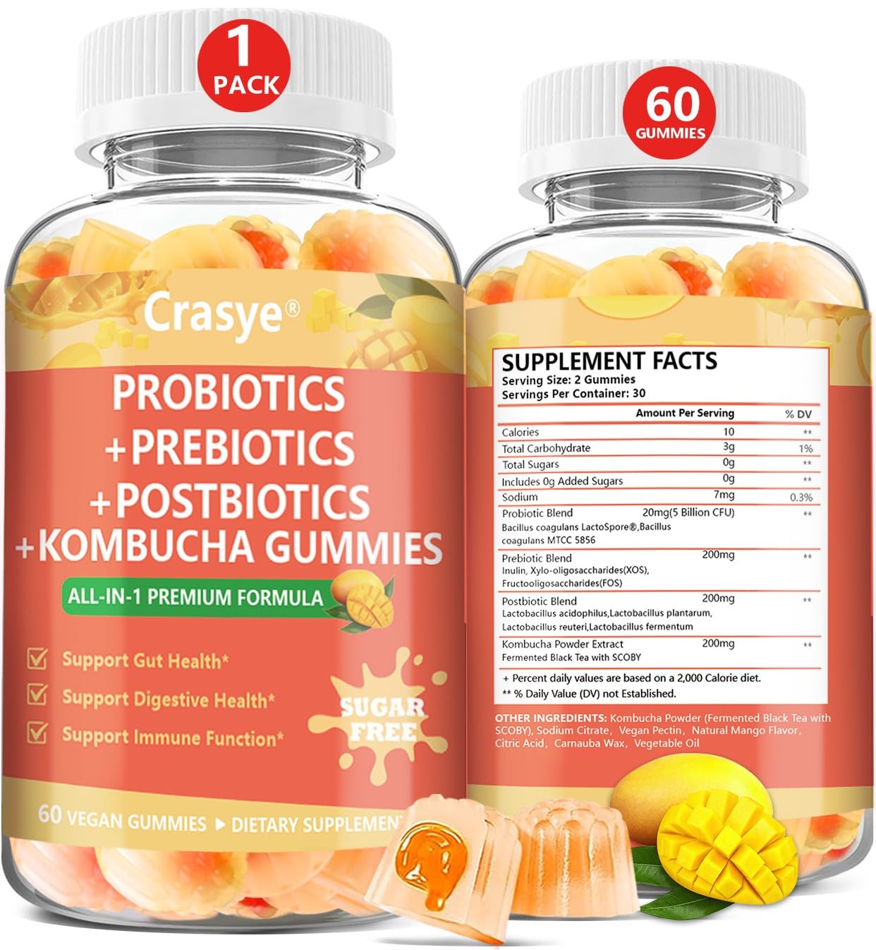 Crasye Probiotic Kombucha Gummies packaging front view