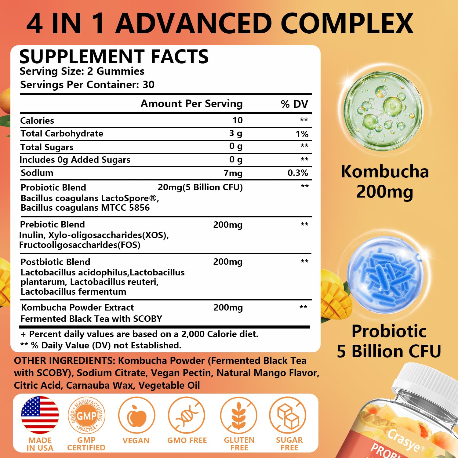Crasye Probiotic Kombucha Gummies side view with nutritional information