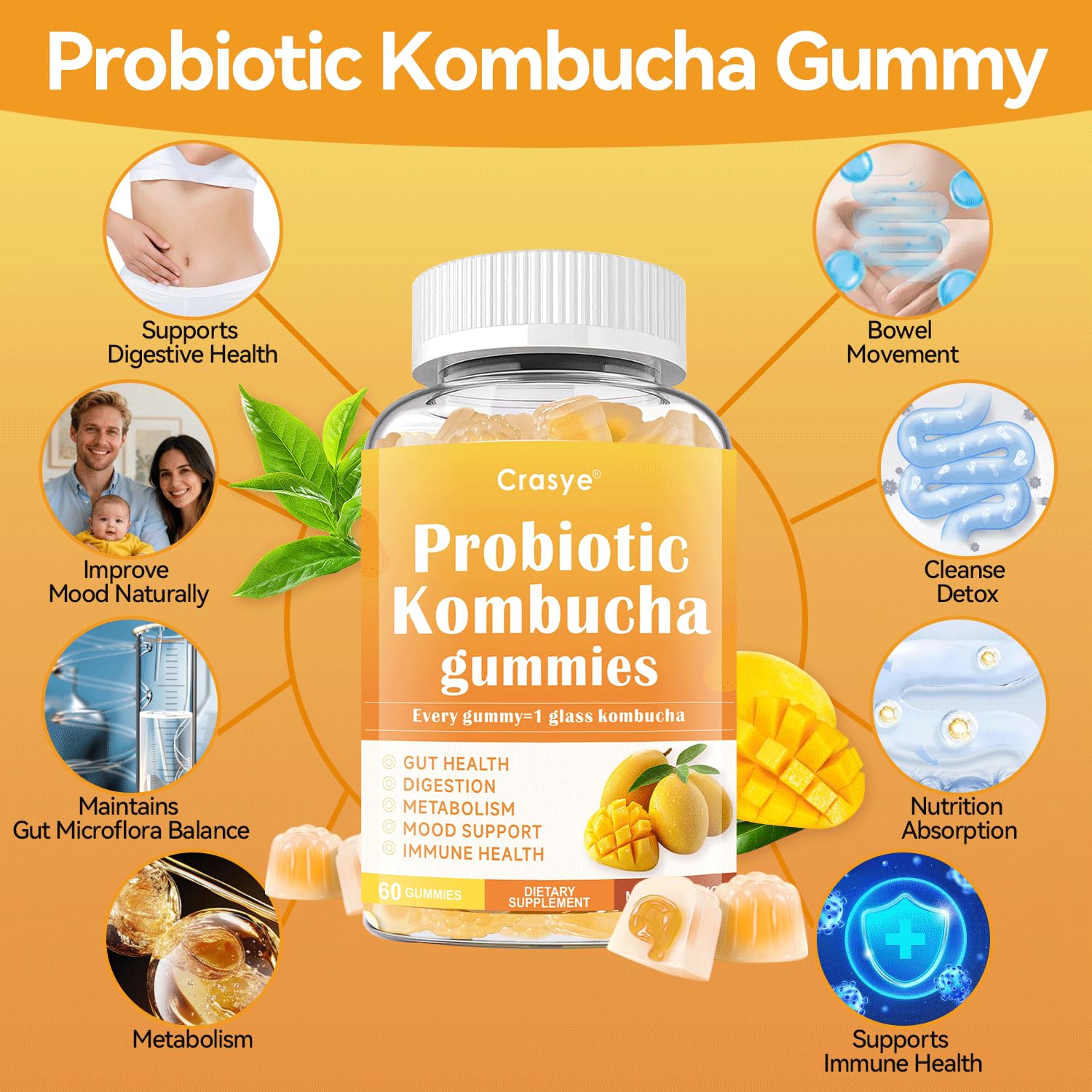 Crasye Probiotic Kombucha Gummies with mango flavour