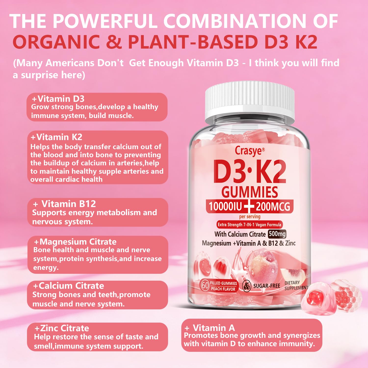 Crasye Vitamin D3 + K2 Gummies back view with nutritional information
