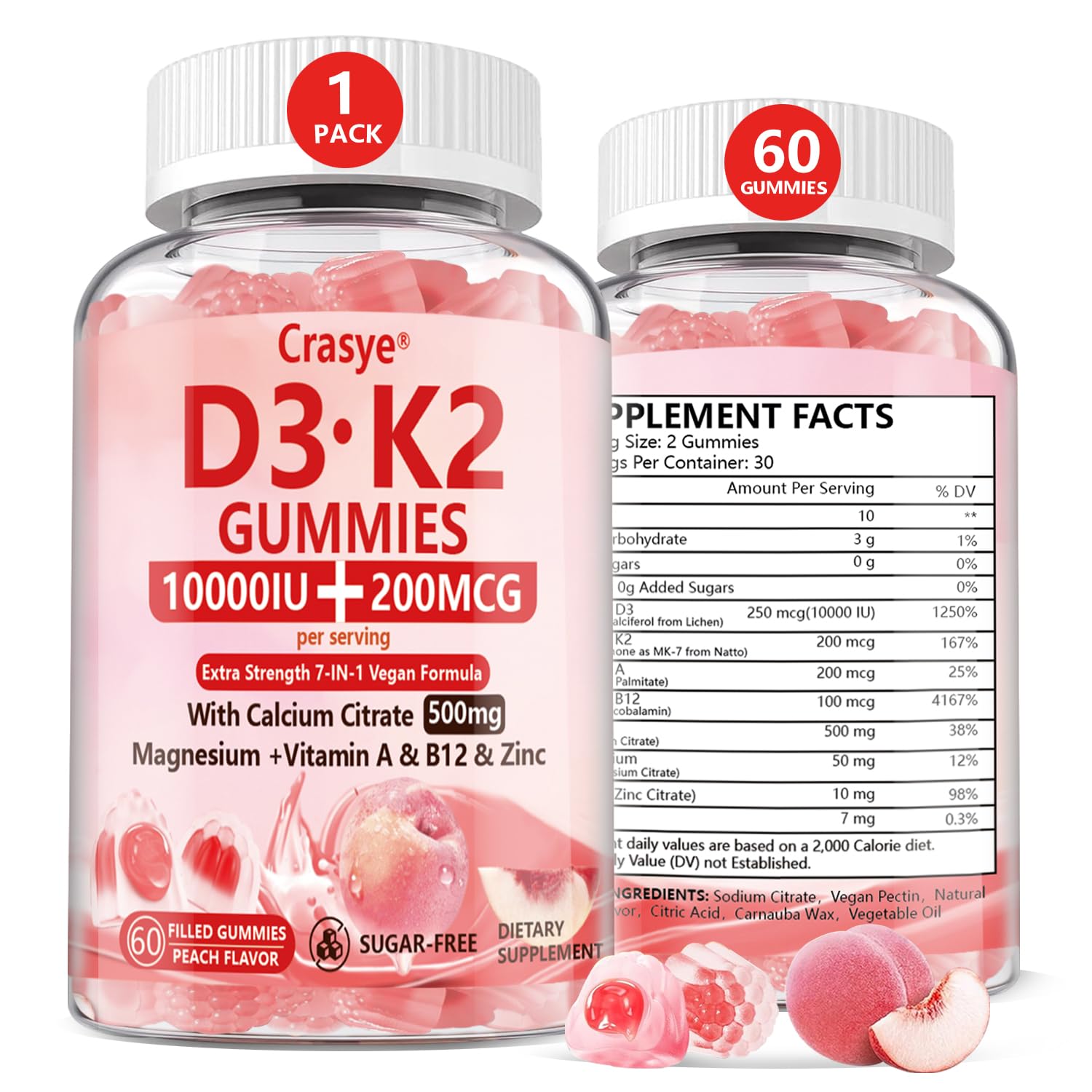 Crasye Vitamin D3 + K2 Gummies front view packaging