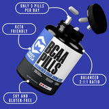 Crazy Muscle BCAA Supplement capsules in a bowl