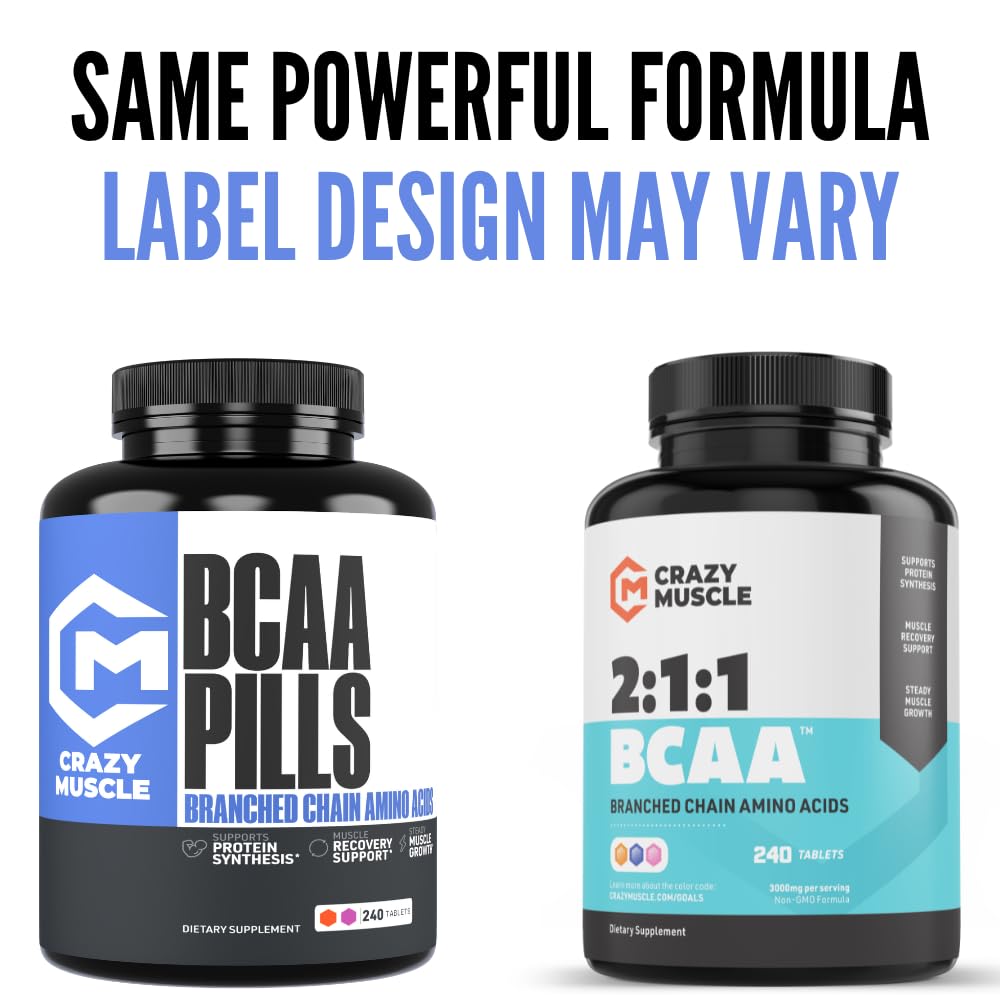 Crazy Muscle BCAA Supplement capsules on a gym bench