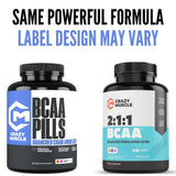 Crazy Muscle BCAA Supplement capsules on a gym bench