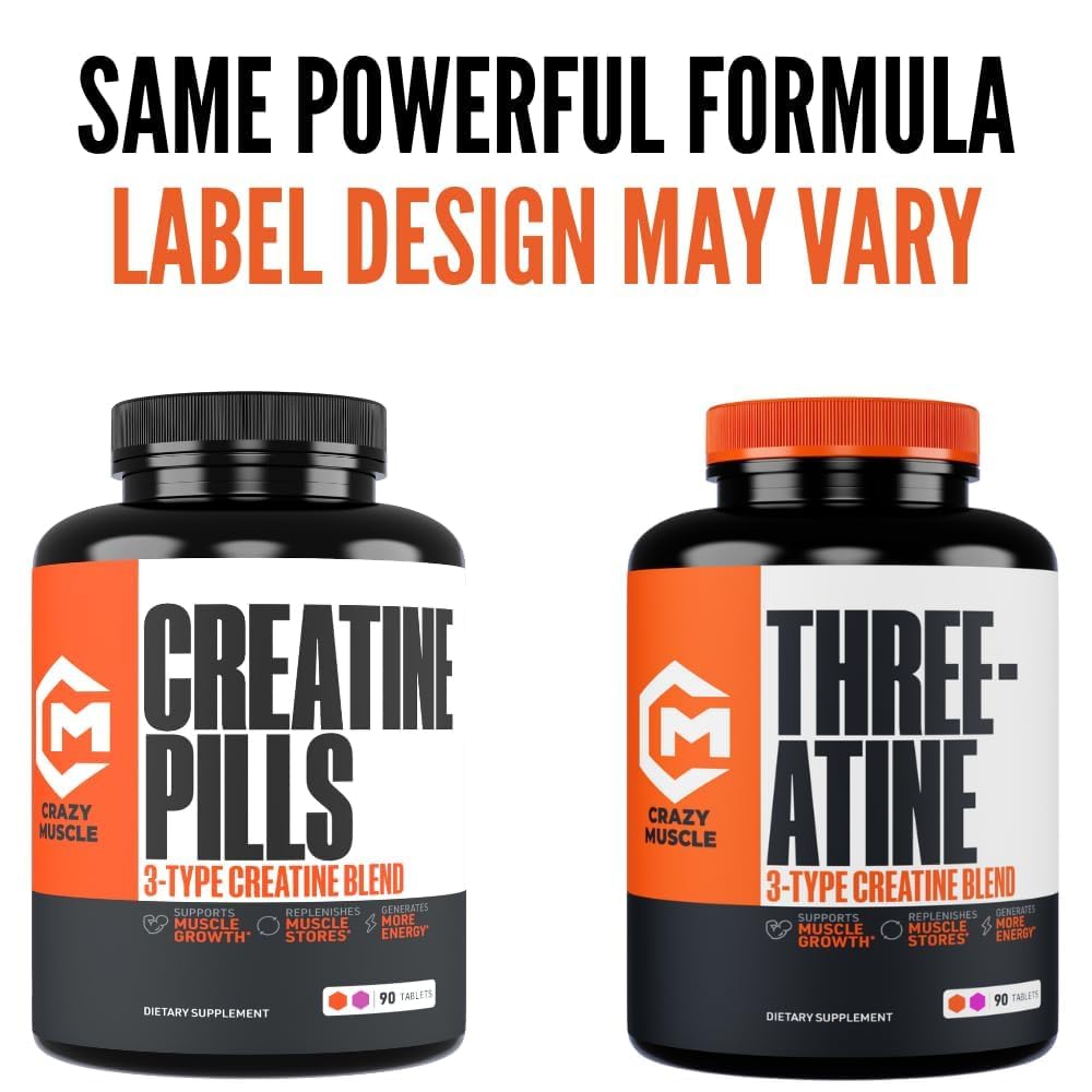 Crazy Muscle Creatine Monohydrate 3X Blend Tablets displayed with fitness gear