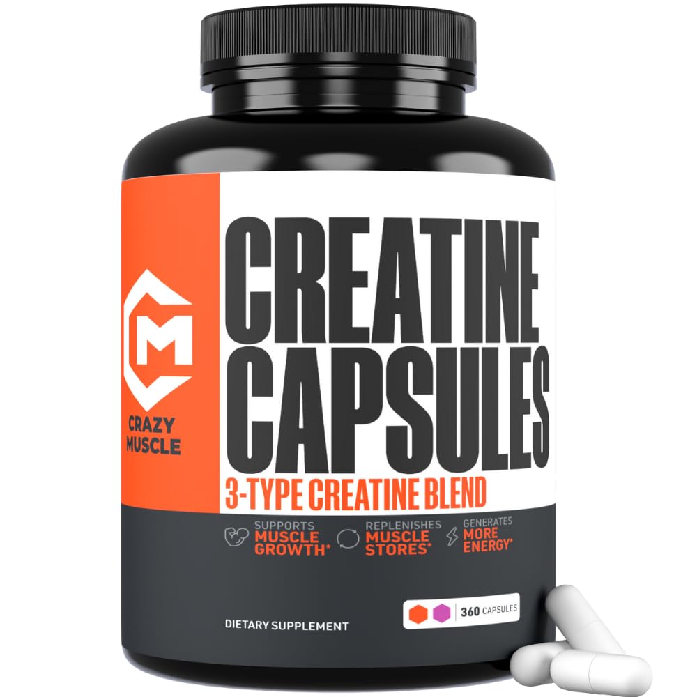 Crazy Muscle Three-atine Creatine Capsules front view with label