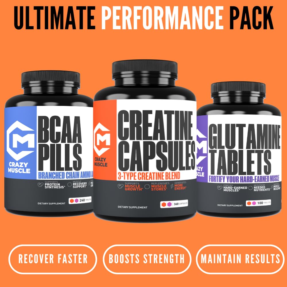 Crazy Muscle Three-atine Creatine Capsules packaging on a gym bench