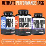 Crazy Muscle Three-atine Creatine Capsules packaging on a gym bench