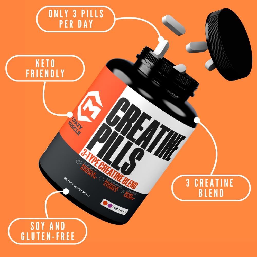 Crazy Muscle Threeatine Creatine Tablets side view