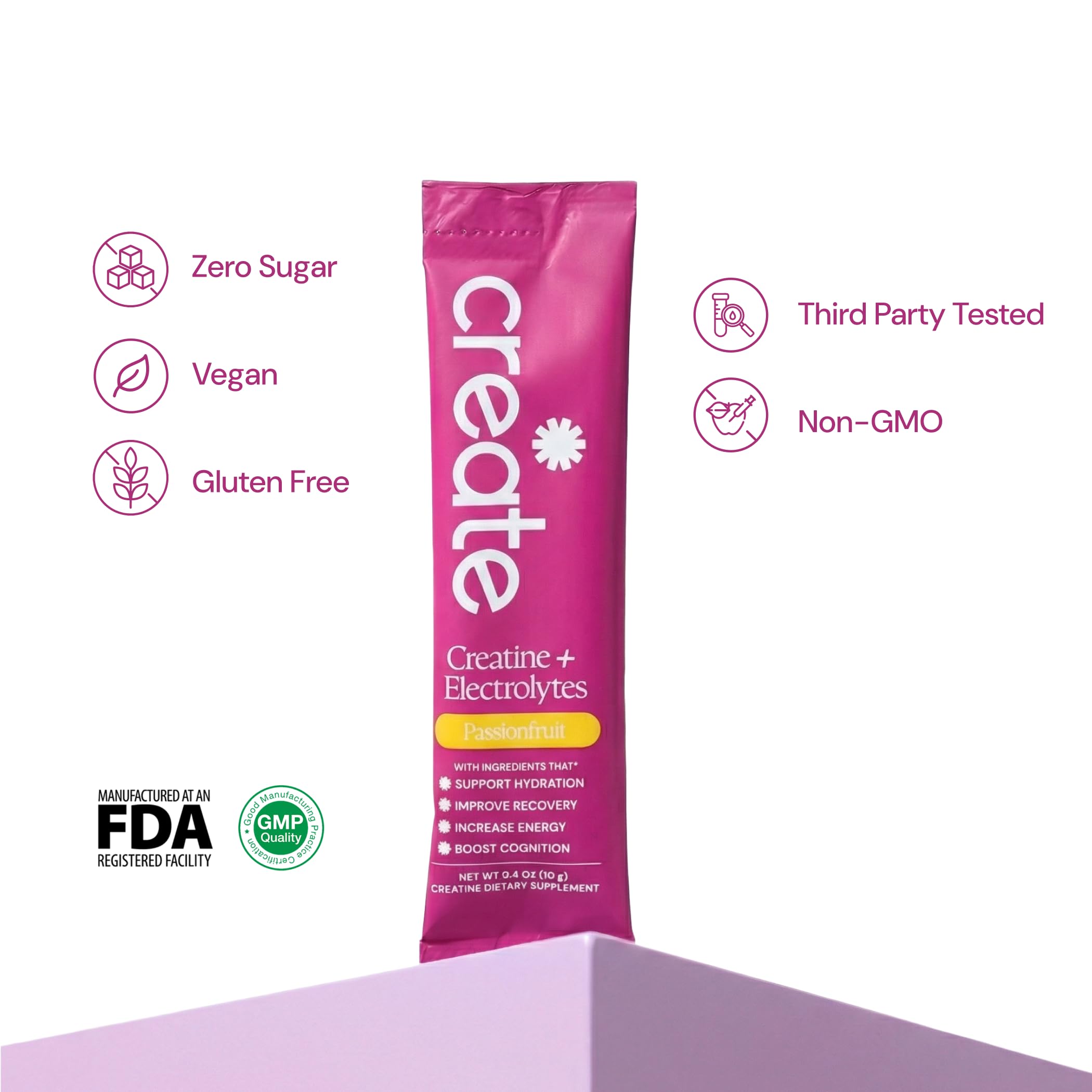 Create Creatine Monohydrate 5g Tropical Passion Fruit stick pack on a gym bench