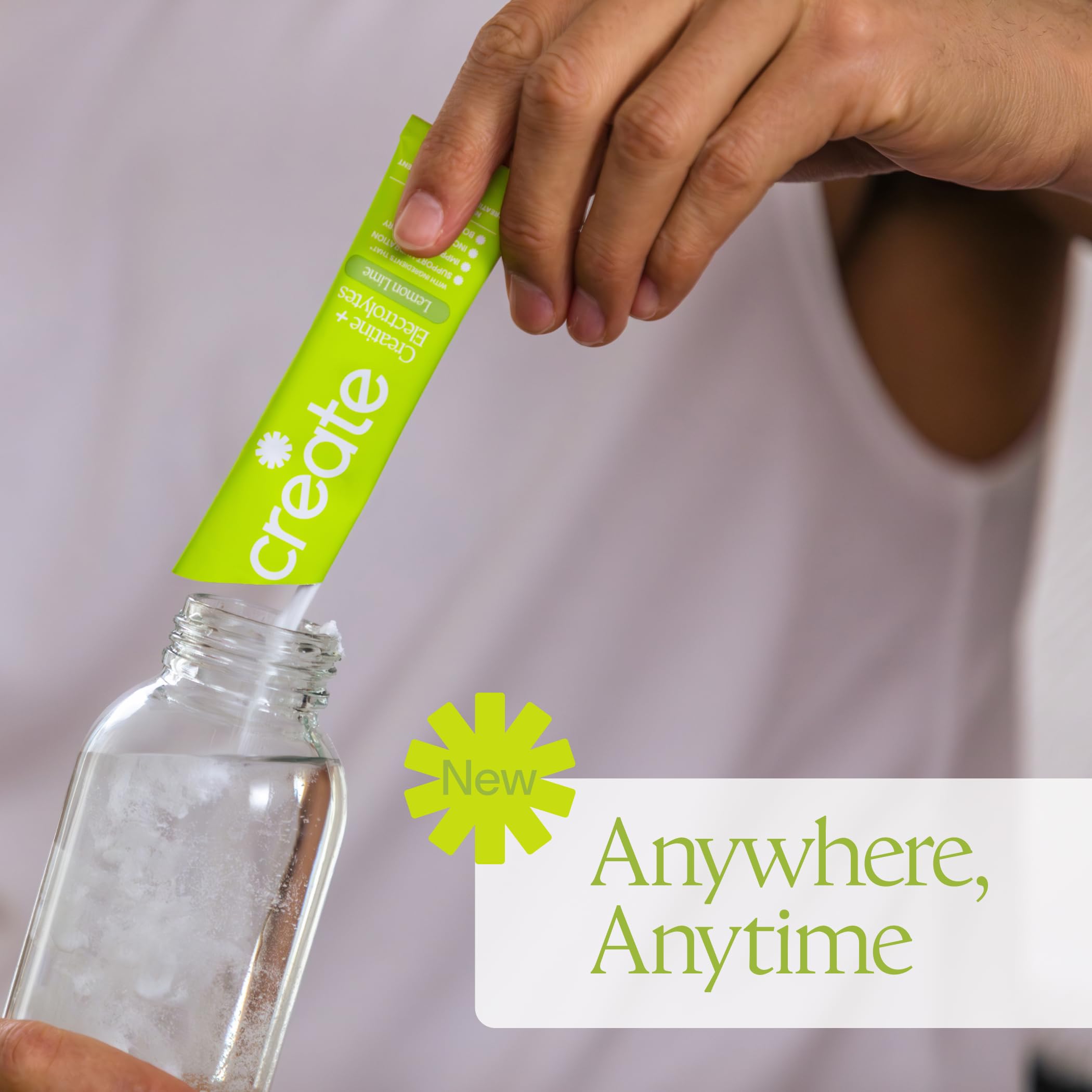 Create Creatine Monohydrate + Electrolyte Complex stick pack on kitchen counter