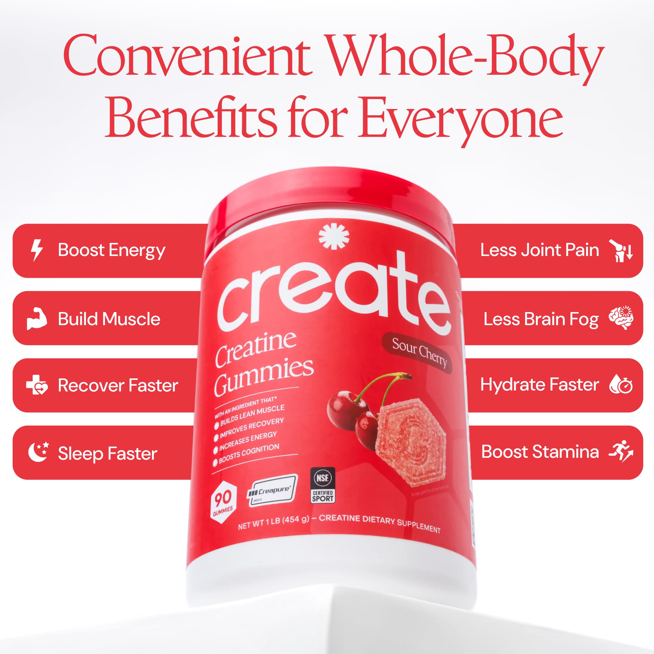 Create Vegan Creatine Gummies side view of the container