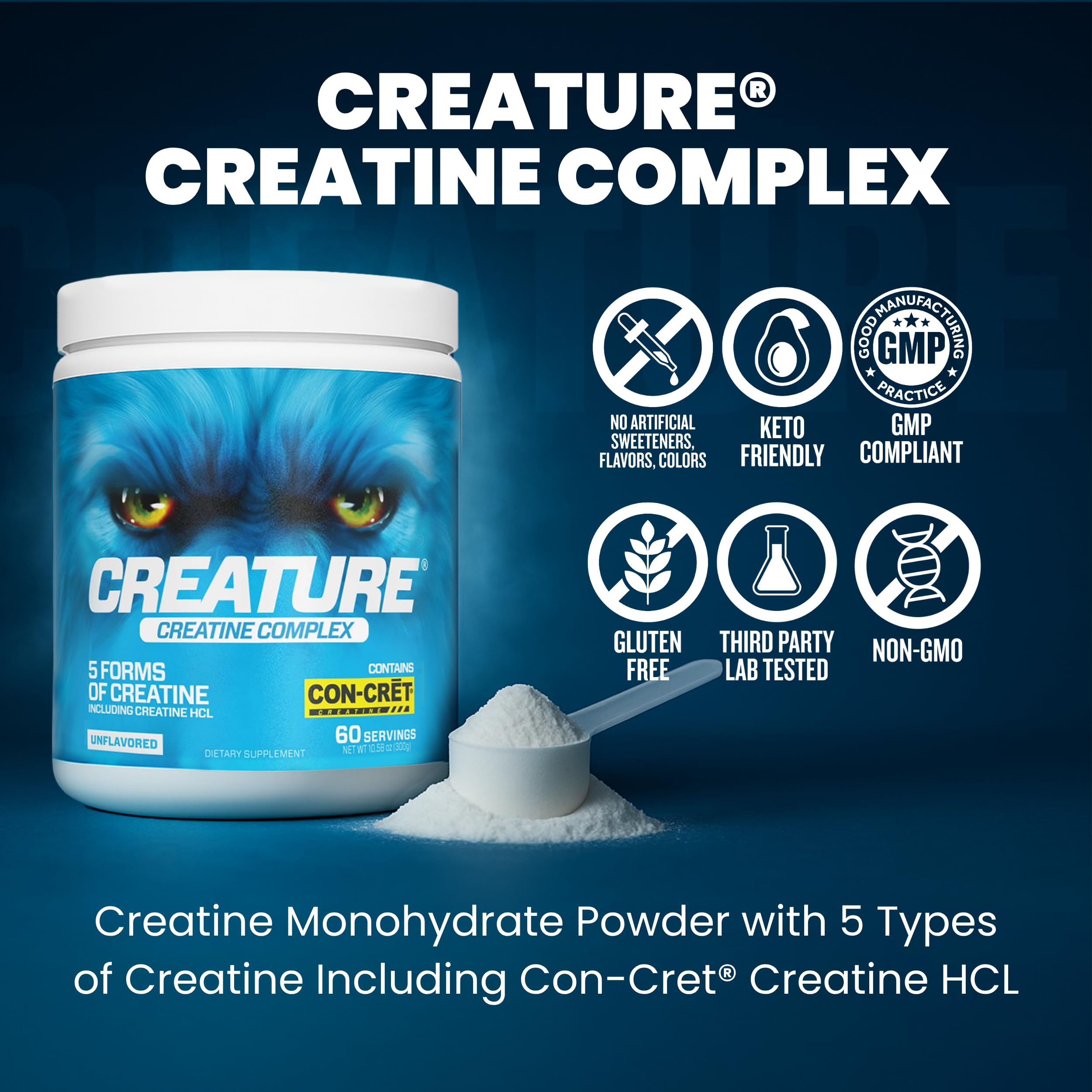 CREATURE Creatine Complex 680g side view showing nutritional information